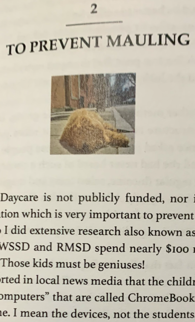Text on a piece of paper with an image of a dog and a bear, discussing daycare funding and ChromeBooks.