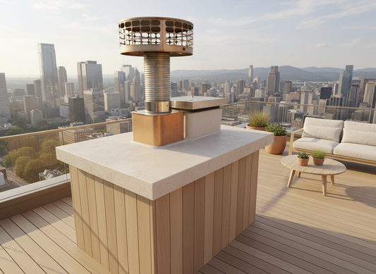 Chimney with a bird feeder on top, surrounded by trees and greenery