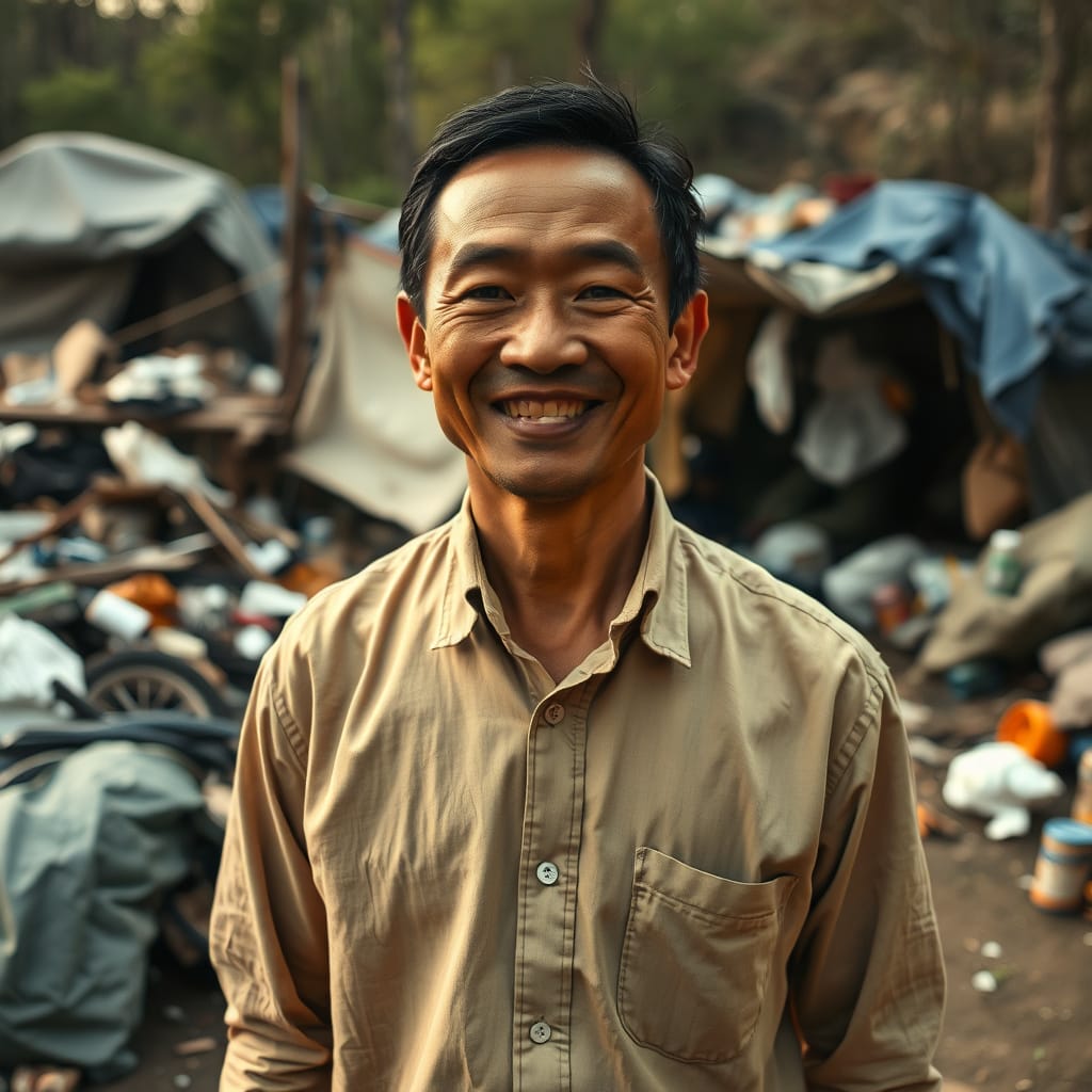 Man in a beige shirt standing in front of a pile of discarded items